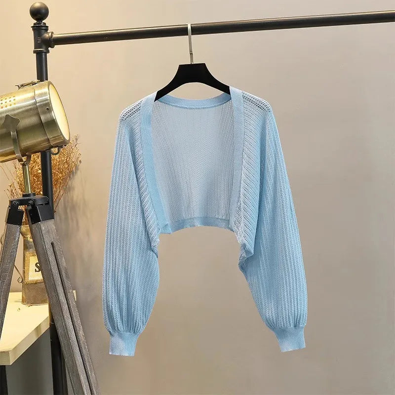 Lantern Sleeve Ice Silk Knitted Cardigan for Women – Summer Thin Loose Fit Outerwear with Slip Dress Sun Protection