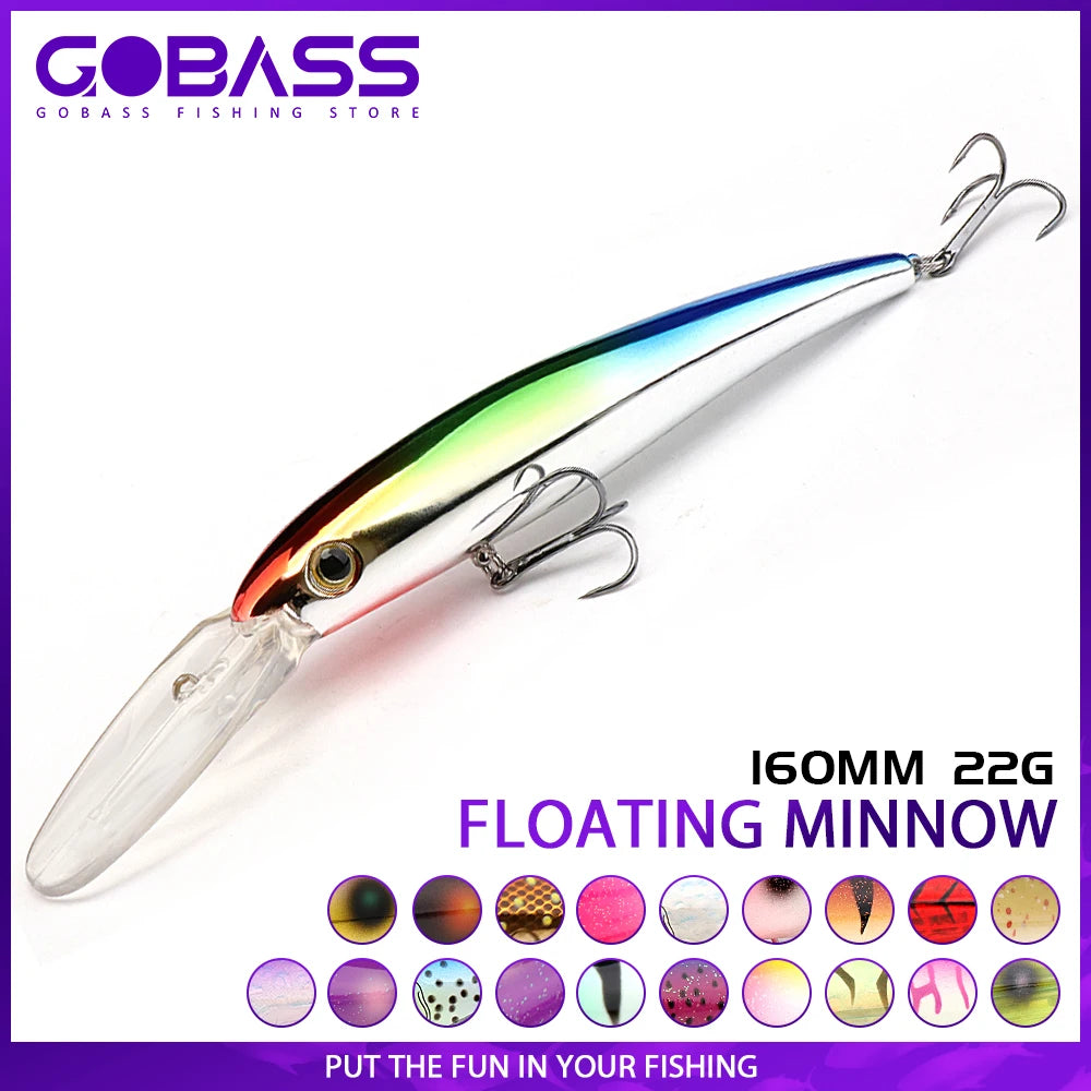 GOBASS 160mm Floating Minnow Fishing Lure – 22g Laser Crankbait for Freshwater & Saltwater | Trolling Wobbler Hard Bait
