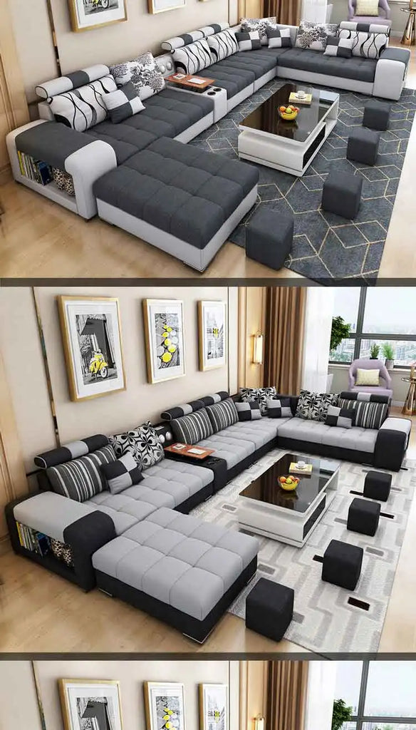 Modern U-Shaped Fabric Sofa Set with USB & Stools – Living Room Couch, Customizable Colors