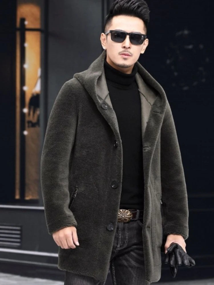 Men’s Winter Casual Thick Fleece Hooded Waterproof Jacket with Real Fur Wool Coat