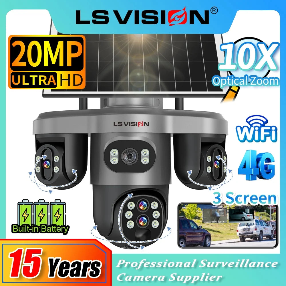 LS VISION 20MP 4-Lens Three Screen 4G/WiFi Solar Security Camera with 10X Optical Zoom and Auto Tracking