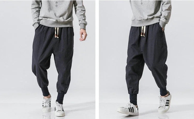 Men’s Cotton Linen Harem Pants – Baggy Streetwear Joggers with Elastic Waist