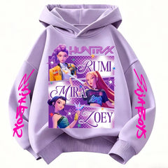 Purple hoodie with character graphics and text on a white background