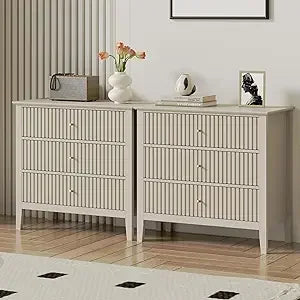Green Fluted 3 Drawer Modern Dresser Nightstand – 32 Inch Wide Wood Chest of Drawers