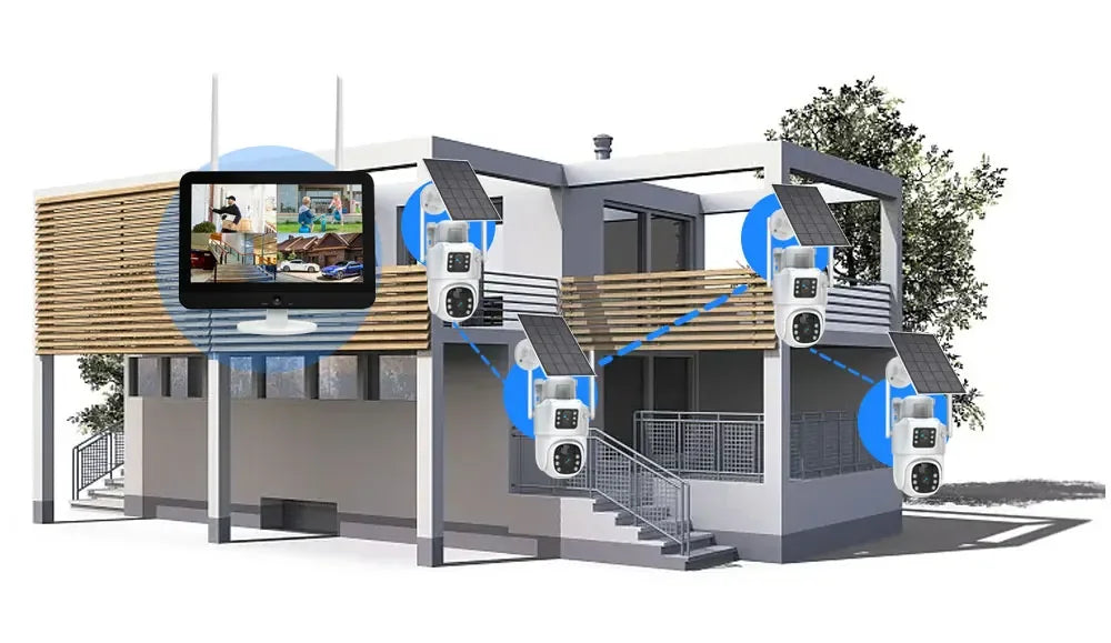 100% Wire-Free Solar PTZ Dual Lens 12.5" LCD Monitor 10CH WiFi NVR 8MP 4K Wireless Home Security Camera System