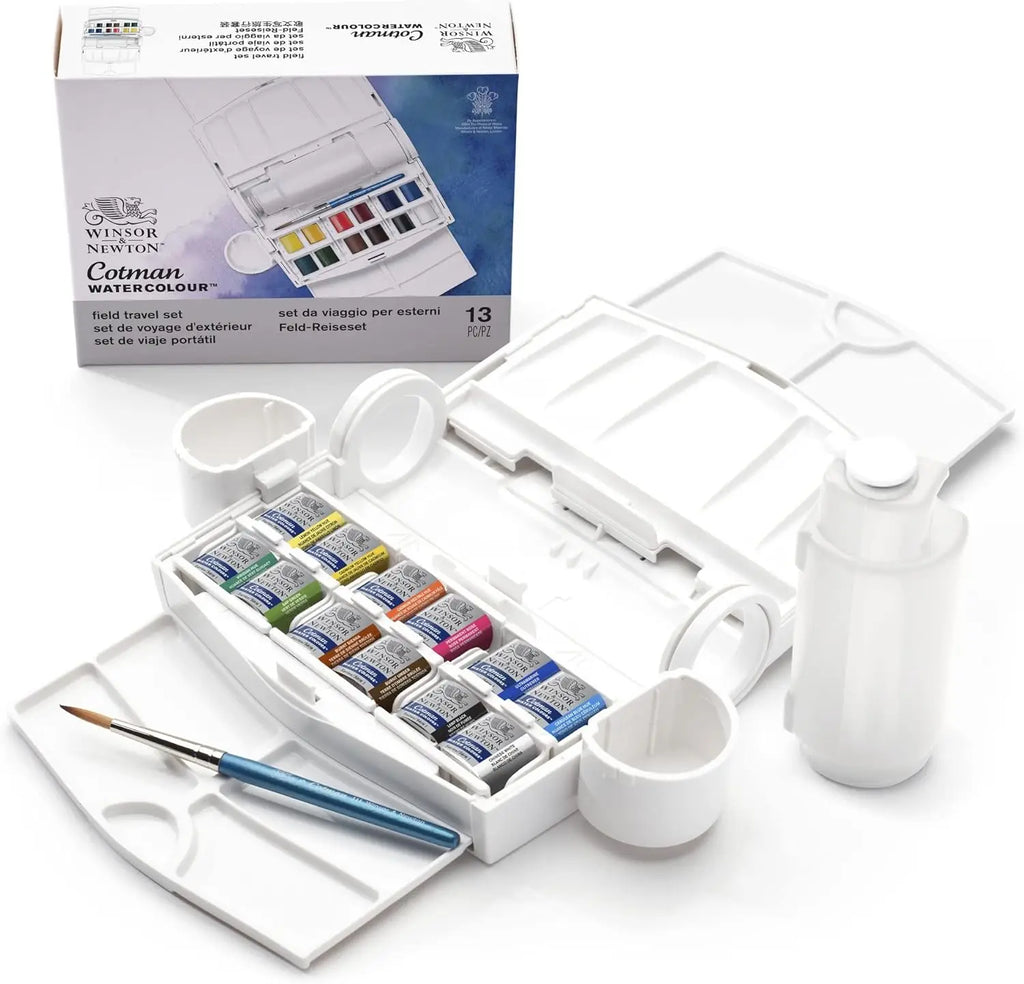 Winsor & Newton Cotman Watercolor Field Travel Set 12 Half Pans with Brush, Water Bottle and Portable Palette Case