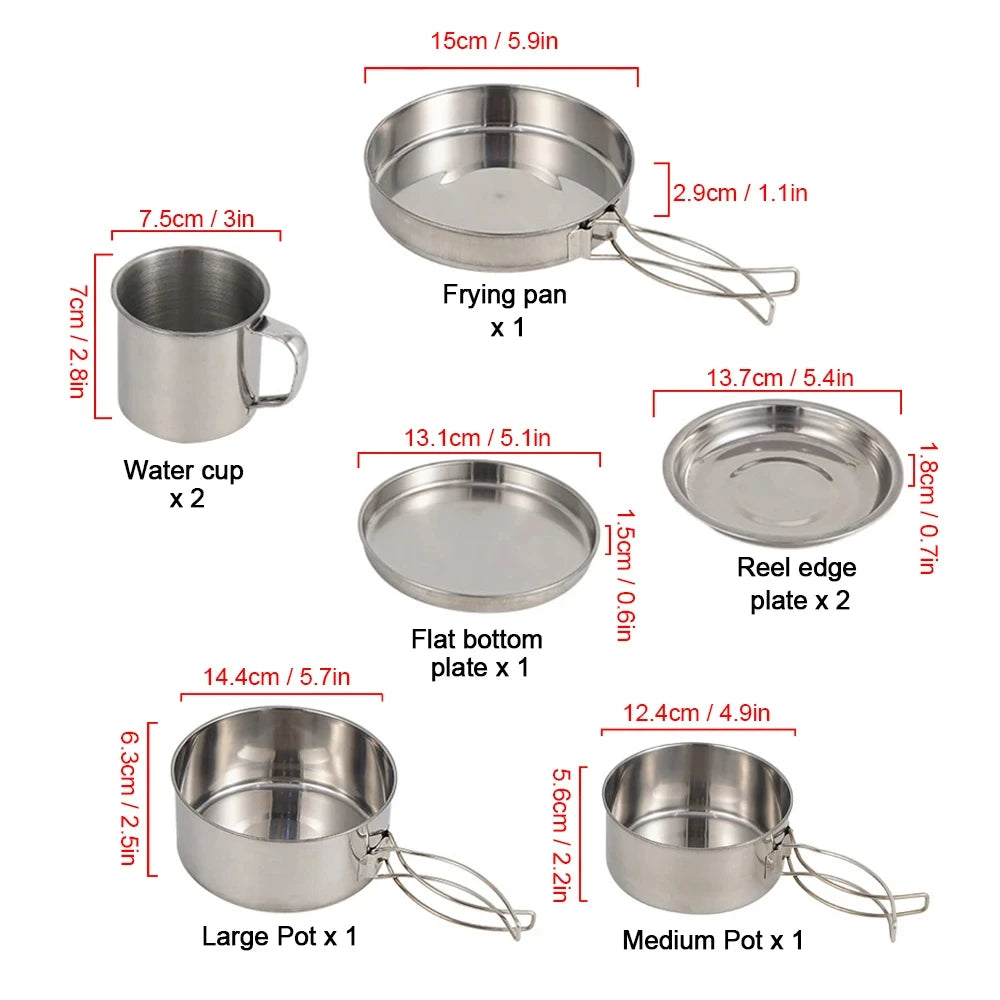 8PCS Stainless Steel Camping Cookware Mess Kit – Lightweight, Durable & Ready for Adventure