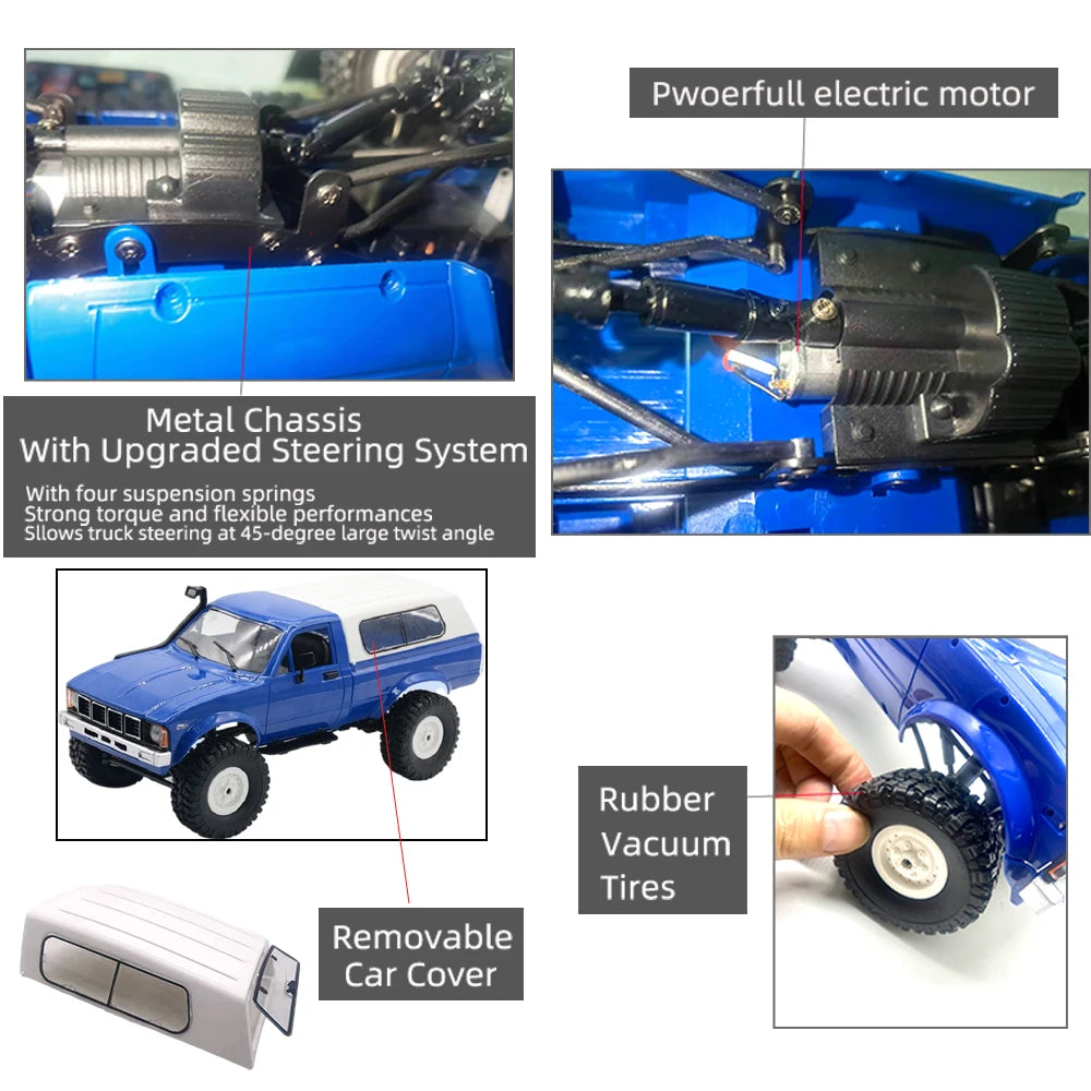 WPL C24-1 1:16 Scale 4WD RC Rock Crawler Truck with LED Lights – 2.4G Remote Control Off-Road Buggy