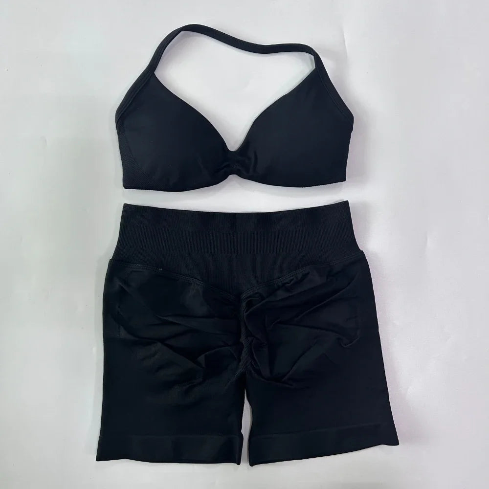 Women’s 2-Piece Seamless Gym Set – Strappy Yoga Bra & High-Waist Scrunch Shorts Workout Suit