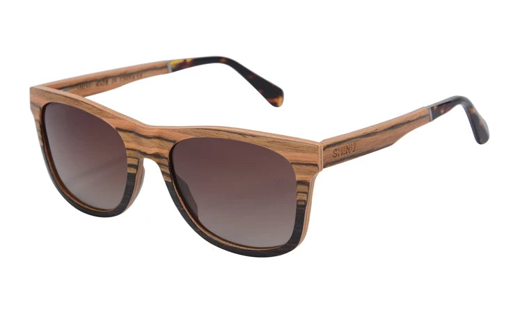 SHINU Handmade Natural Wood Polarized Sunglasses – Ebony, Zebra & Red Sandalwood UV400 Rectangle Frame for Men & Women