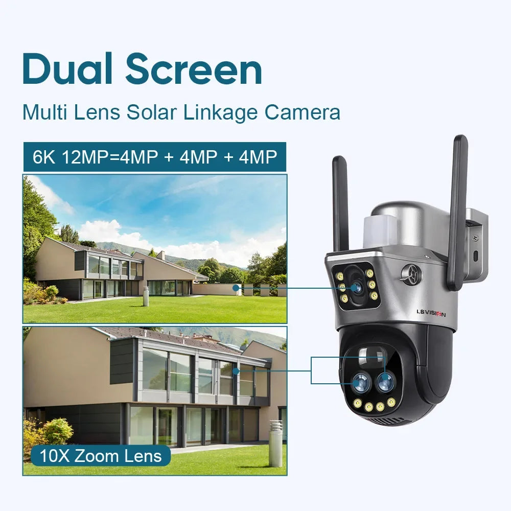 LS VISION Dual Screen Solar Camera 10X Zoom Outdoor WIFI/4G PTZ CCTV with Light Alarm