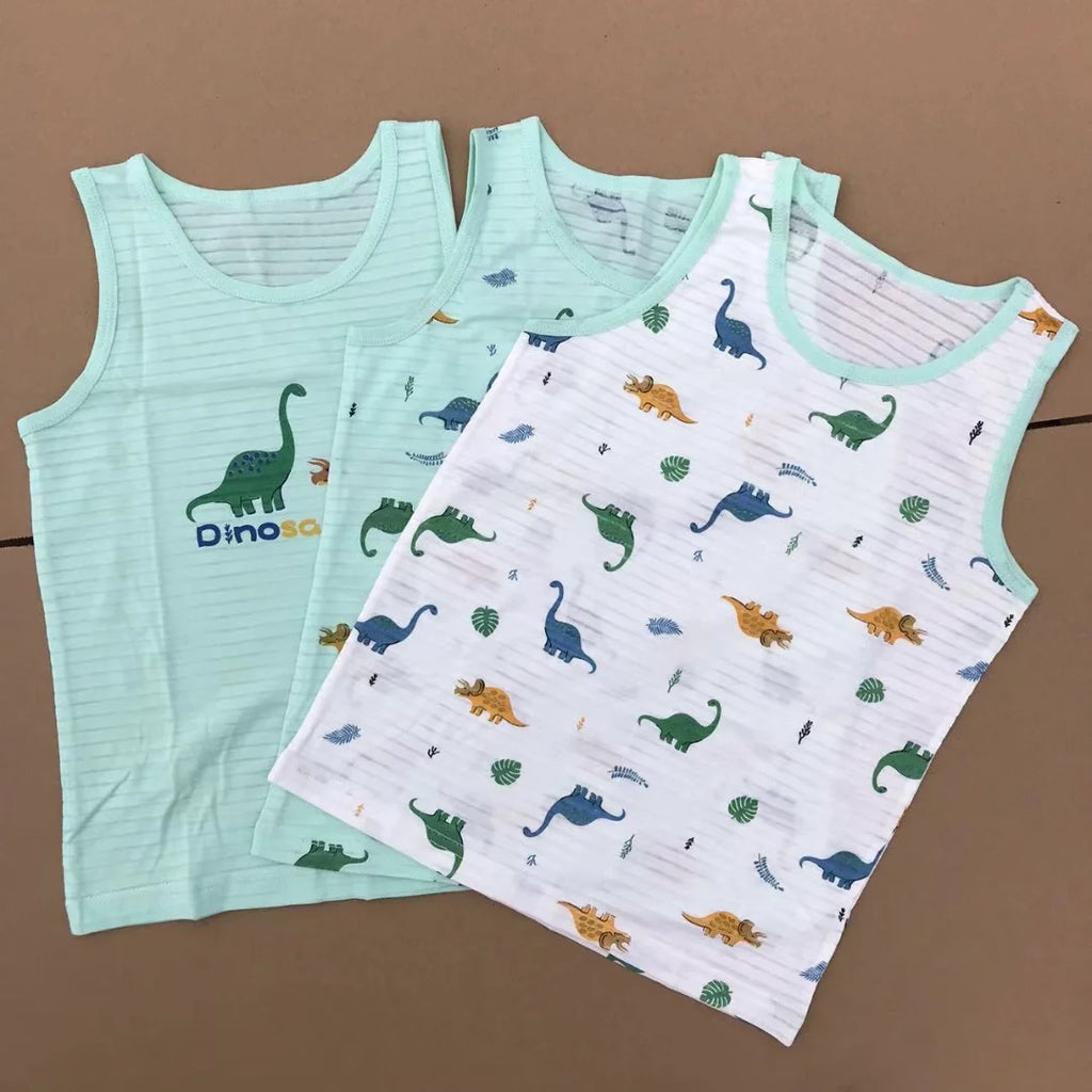 Boys Cartoon Dino Car Cotton Tank Top Singlet Underwear – Kids Summer Undershirt 3-10T