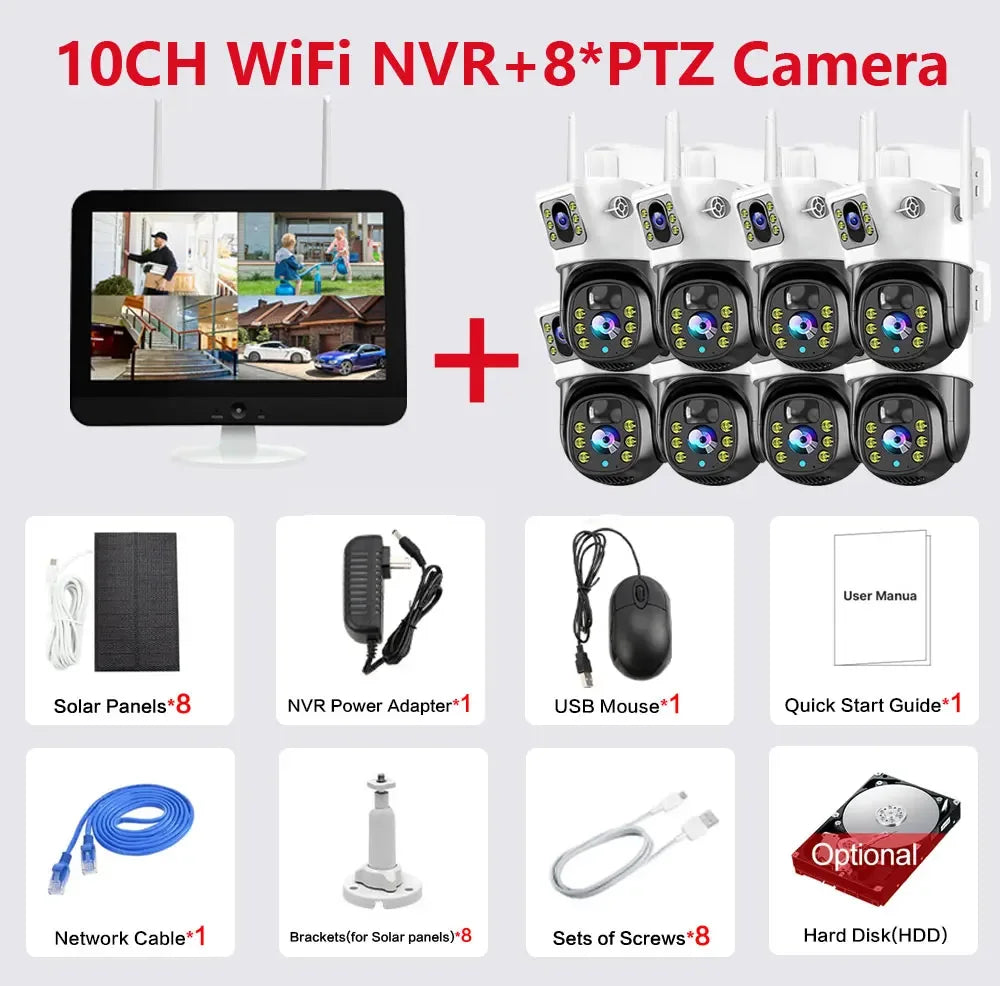 100% Wire-Free Solar PTZ Dual Lens 12.5" LCD Monitor 10CH WiFi NVR 8MP 4K Wireless Home Security Camera System