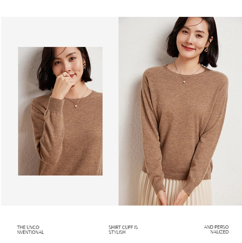 WinvyNee Women's 100% Wool Ribbed Crew Neck Sweater – Slim Fit Winter Knit Pullover