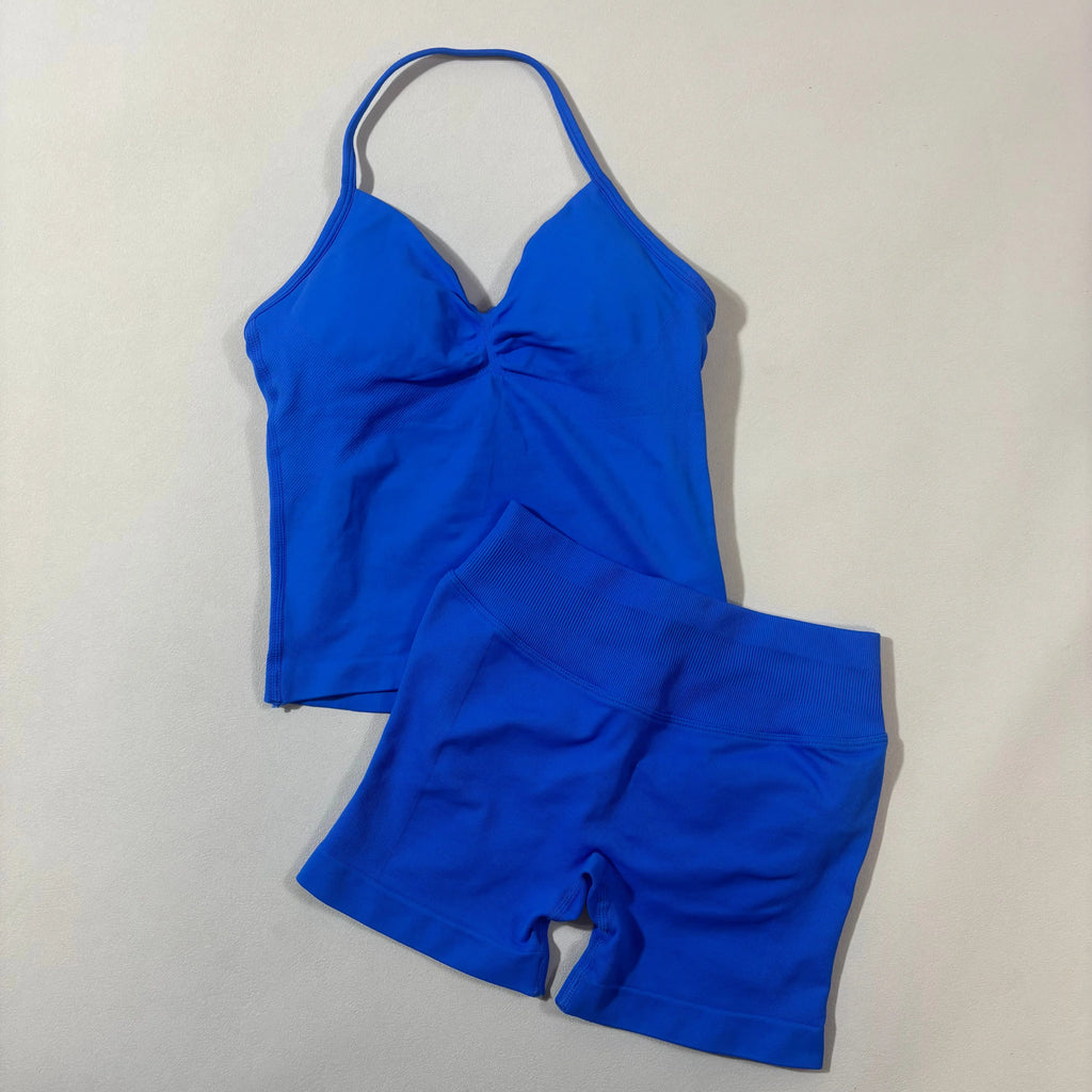 Women’s Seamless Yoga Gym Set – Backless Tank Top & High Waist Scrunch Shorts (2PCS)
