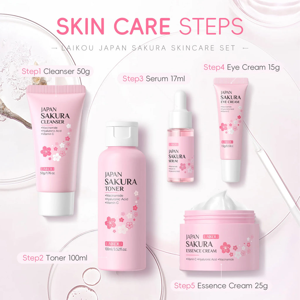 LAIKOU Sakura 5 Piece Skin Care Set Moisturizing Brightening Fine Line Reducing Facial Kit