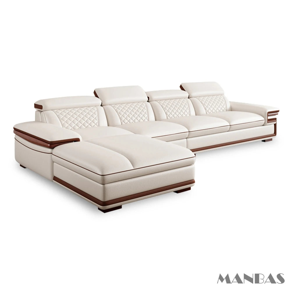 MINGDIBAO Italian Genuine Leather L-Shaped Sofa Set with Adjustable Headrests, Bluetooth Speaker & Wireless Charging