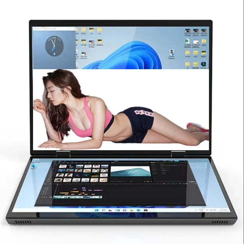 Dual Screen 14+14 Inch 2K Touchscreen 2-in-1 Laptop 16GB/32GB Intel N100 CPU 360° Flip Metal Case
