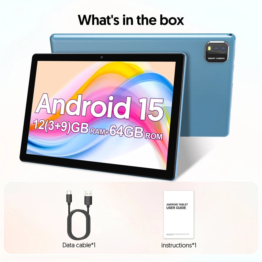BAKEN 10-Inch Android 15 Tablet – Quad Core Processor, 12GB RAM (3GB+9GB), 64GB Storage, 1280x800 HD Display, Dual Camera, 5G WiFi