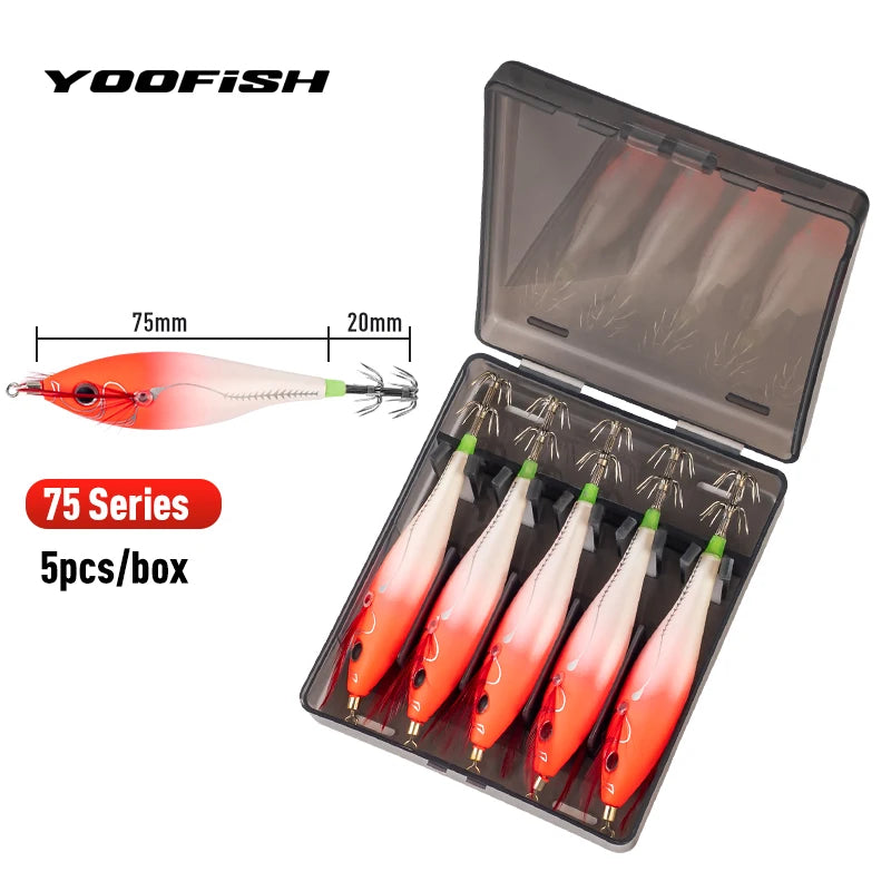 YOOFISH Luminous Horizontal Squid Jig (5pcs Set) – Premium Wood Shrimp Squid Hooks for Saltwater Fishing