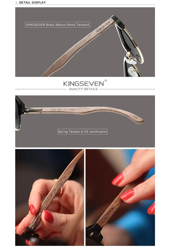 KINGSEVEN Handmade Black Walnut Wooden Polarized UV400 Sunglasses Semi-Rimless Retro Eyewear