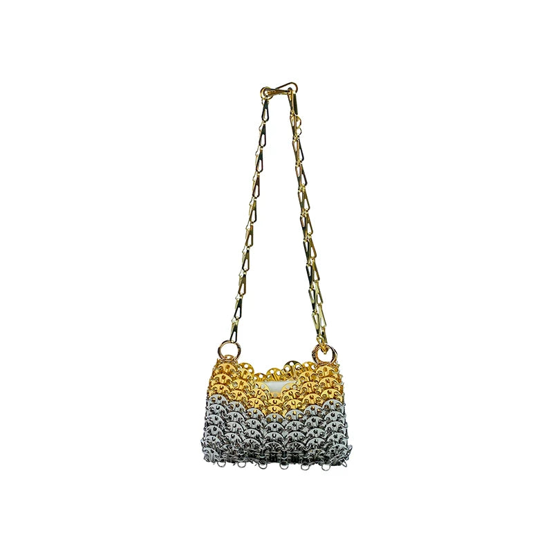 Silver Shiny Hand Woven Bead Sequin Crossbody Bag with Long Shoulder Strap for Women