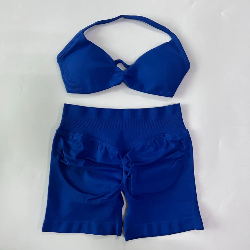 Women’s 2-Piece Seamless Gym Set – Strappy Yoga Bra & High-Waist Scrunch Shorts Workout Suit