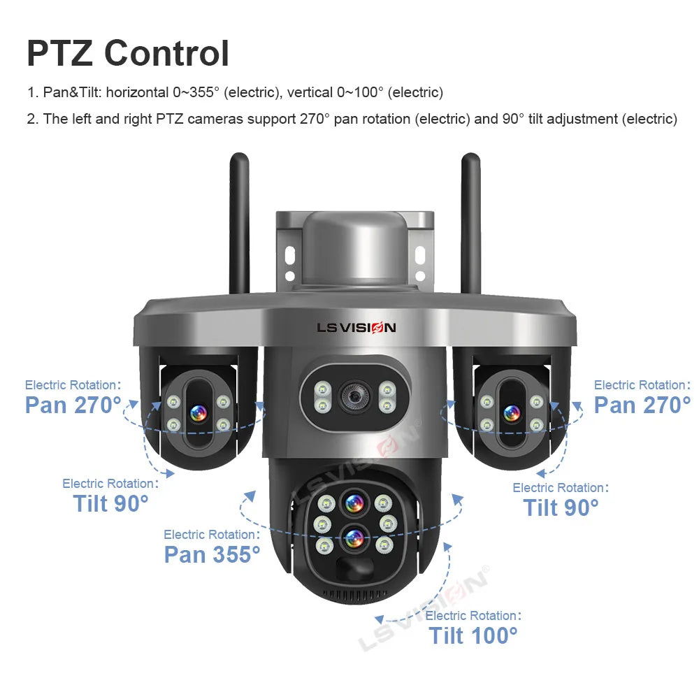 LS VISION 20MP 4-Lens Three Screen 4G/WiFi Solar Security Camera with 10X Optical Zoom and Auto Tracking