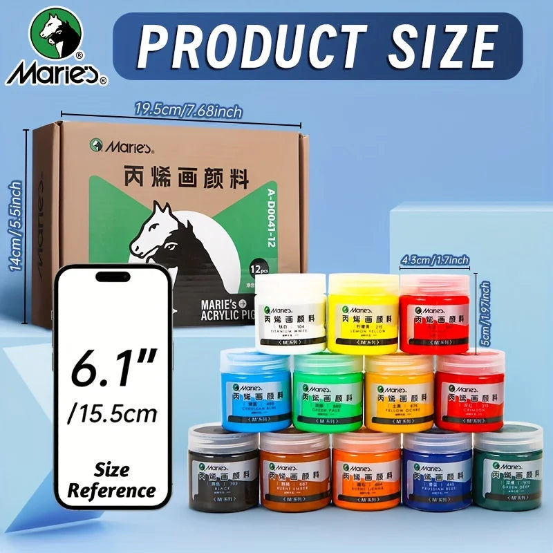 Marie's 20pcs Acrylic Paint Set – 12 Colors with 7 Brushes & 1 Palette for Canvas, Wood, Stone – Artists & Adults