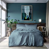 Bed Sheet Set 22mm 100% Mulberry Silk Seamless Fitted Sheet Duvet Cover Pillowcases – Dark Blue Silvery Colors thumbnail 10