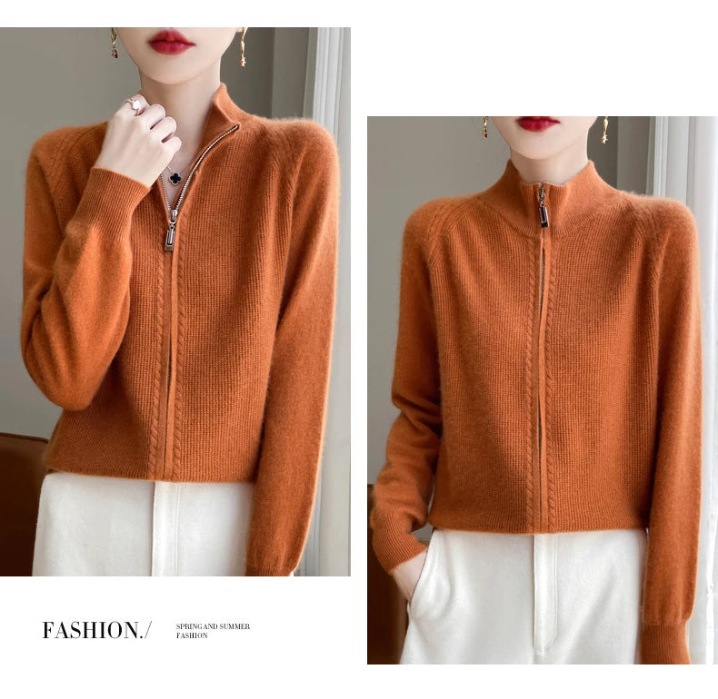 100% Wool Women’s Zipper Turtleneck Sweater – Casual Loose Knit Cardigan for Autumn/Winter