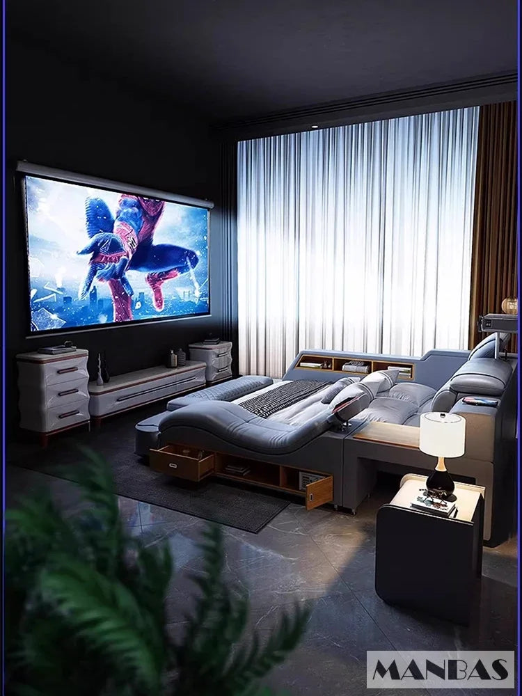 MANBAS Luxury King Size Genuine Leather Smart Bed with Massage, Storage, USB & Projector