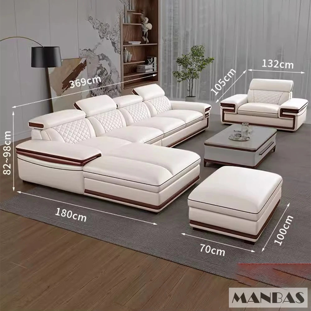 MINGDIBAO Italian Genuine Leather L-Shaped Sofa Set with Adjustable Headrests, Bluetooth Speaker & Wireless Charging