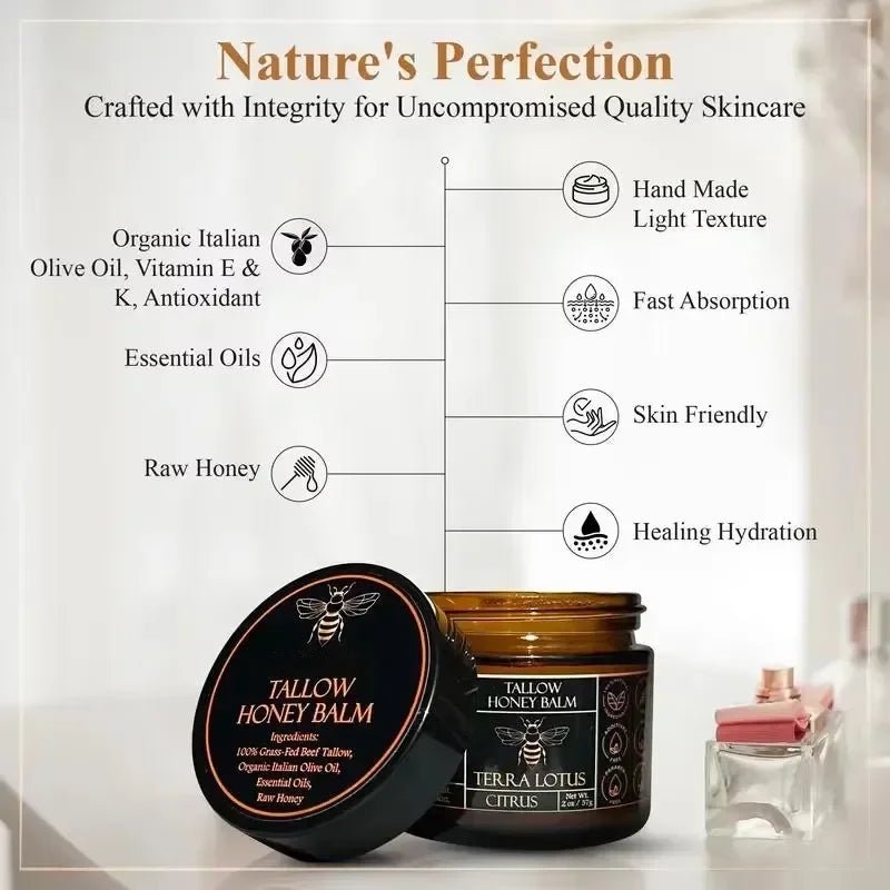 Organic Grass Fed Beef Tallow Balm with Raw Honey Moisturizing Cream – Handmade All Natural Face and Body Moisturizer for Soft Smooth Skin