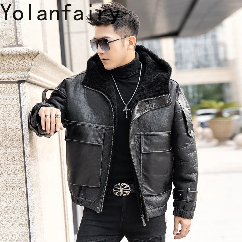 Men’s Natural Sheepskin Leather Jacket with Real Fur Hood – Winter Wool Lined Fur Coat