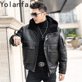Men’s Natural Sheepskin Leather Jacket with Real Fur Hood – Winter Wool Lined Fur Coat thumbnail 2