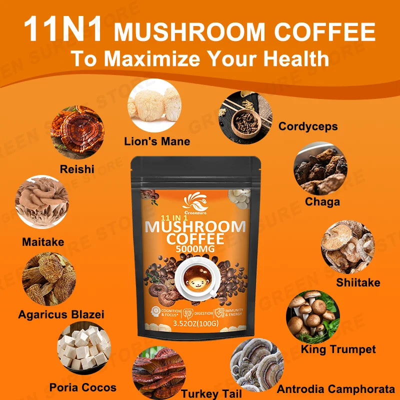 Mushroom Coffee With 11 Superfood Mushrooms including Lion's Mane, Reishi, Chaga, Cordyceps For Energy, Focus, Memory & Immunity