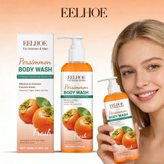 Eelhoe Persimmon Body Wash with packaging and a model holding the product on a peach background.