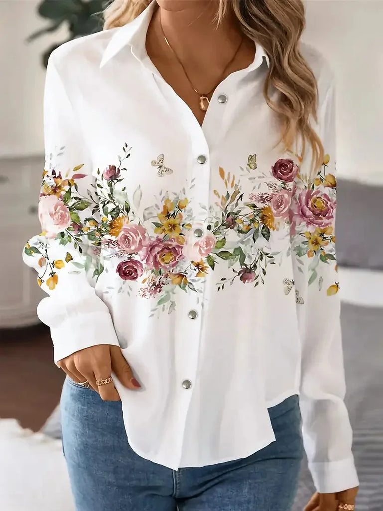 Women’s Floral Slim-Fit Long Sleeve Blouse – Soft Silk Blend Spring/Summer Shirt
