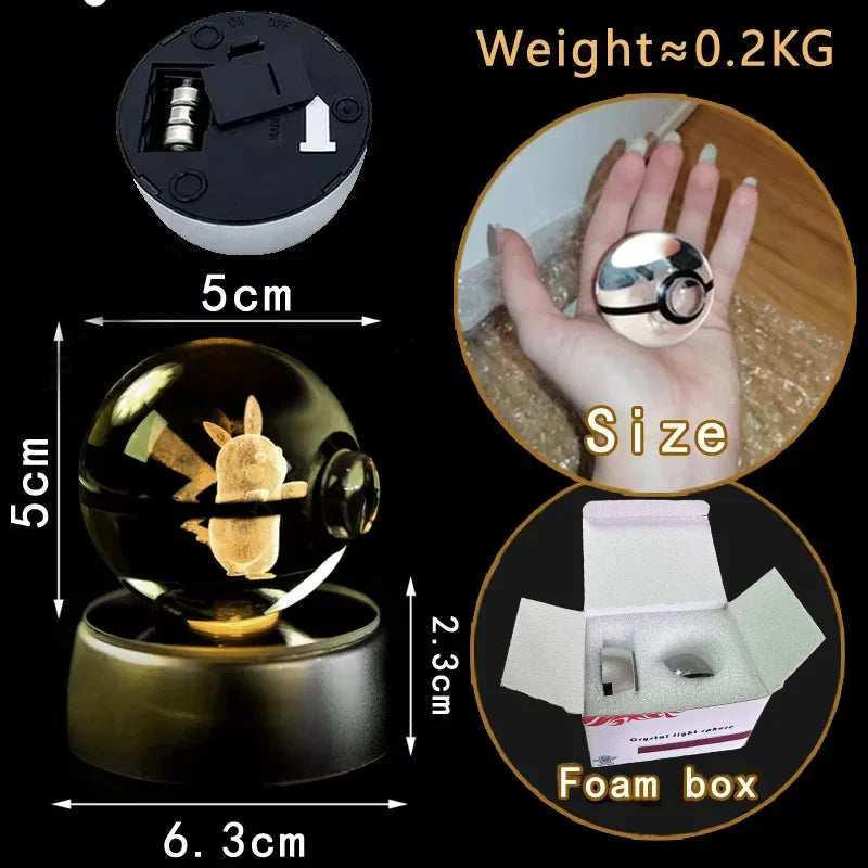 Pokemon 5cm Crystal Ball 3D LED Night Light – Pikachu, Charizard, Gengar & Eevee Gift Model