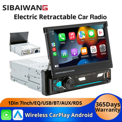 Electric retractable car radio with display and SIBAIWANG branding on a white background