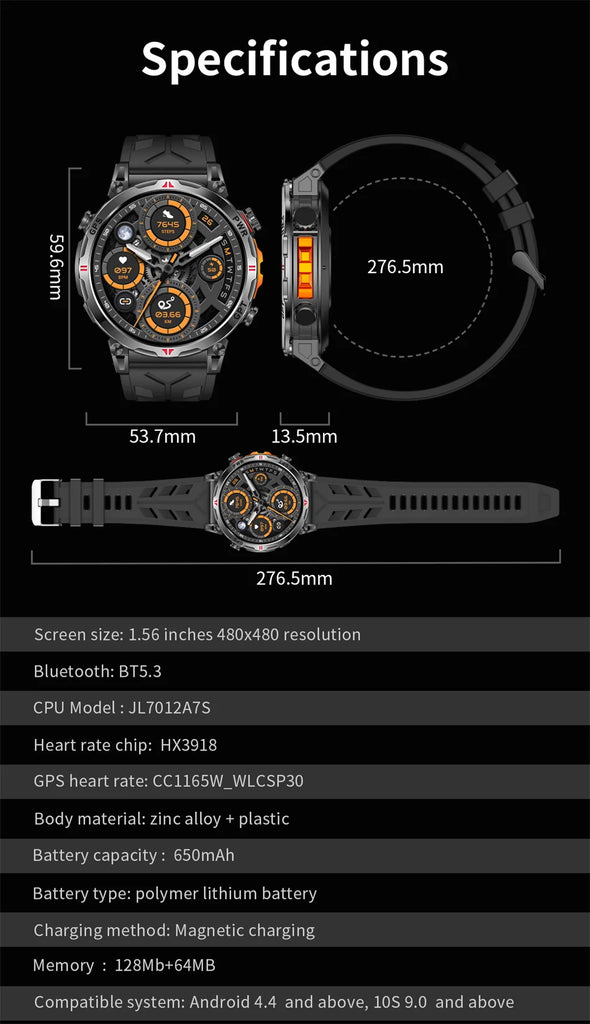 Outdoor Sports Smartwatch for Men – GPS, 1.56-inch AMOLED, 5ATM Waterproof, 650mAh Battery, Compass & HD Call