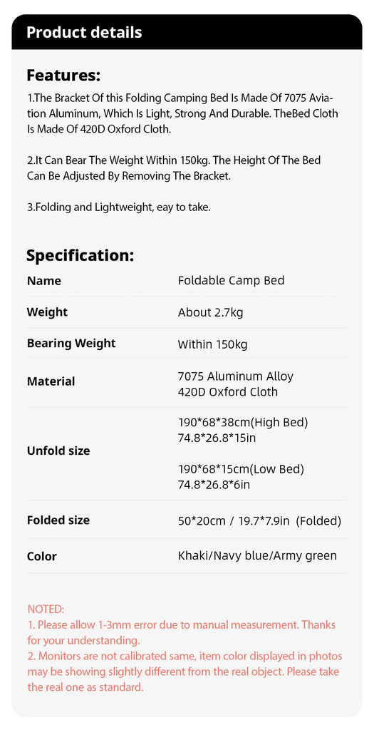 PACOONE Folding Camping Cot – Portable Outdoor Bed for Adults & Kids