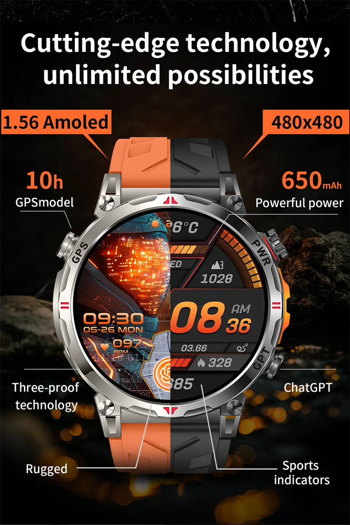 Outdoor Sports Smartwatch for Men – GPS, 1.56-inch AMOLED, 5ATM Waterproof, 650mAh Battery, Compass & HD Call
