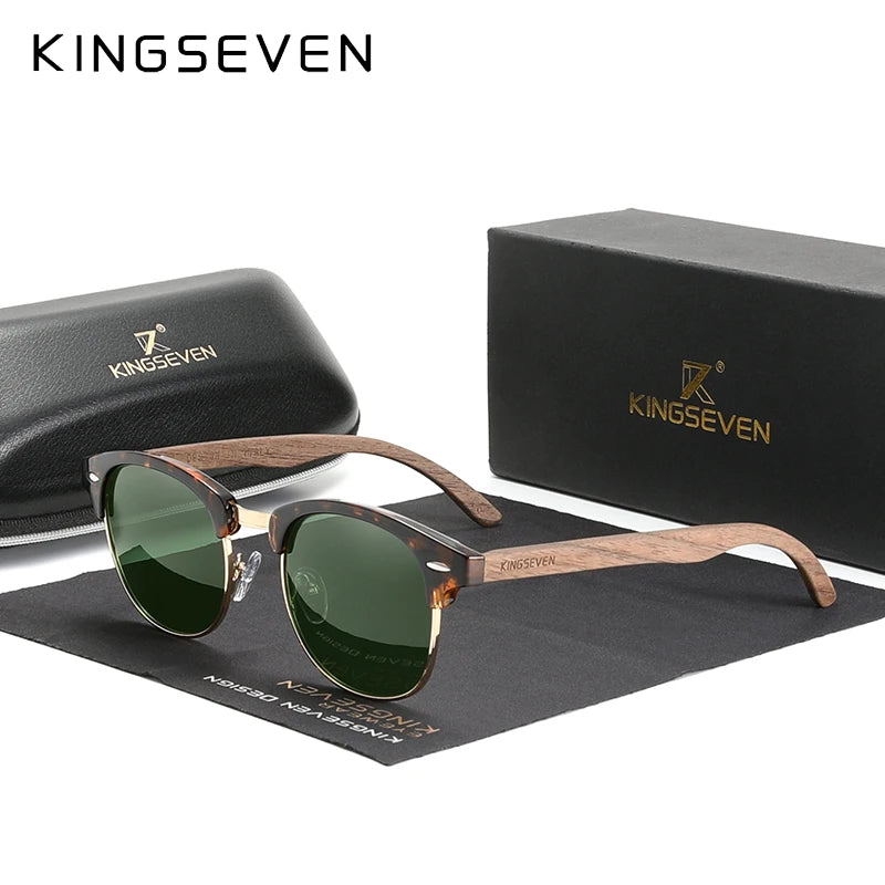 KINGSEVEN Handmade Black Walnut Wooden Polarized UV400 Sunglasses Semi-Rimless Retro Eyewear