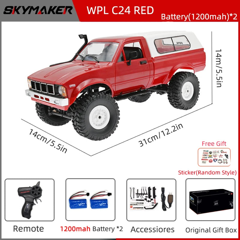 WPL C24-1 1:16 Scale 4WD RC Rock Crawler Truck with LED Lights – 2.4G Remote Control Off-Road Buggy
