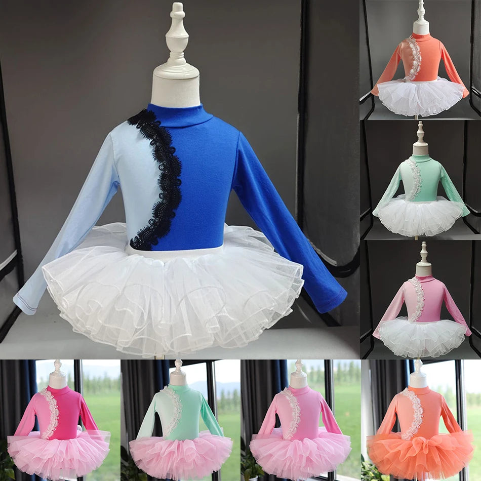 Girls Long Sleeve Ballet Dress Kids Ballet Leotard Tutu Skirt Gymnastics Dance Costume