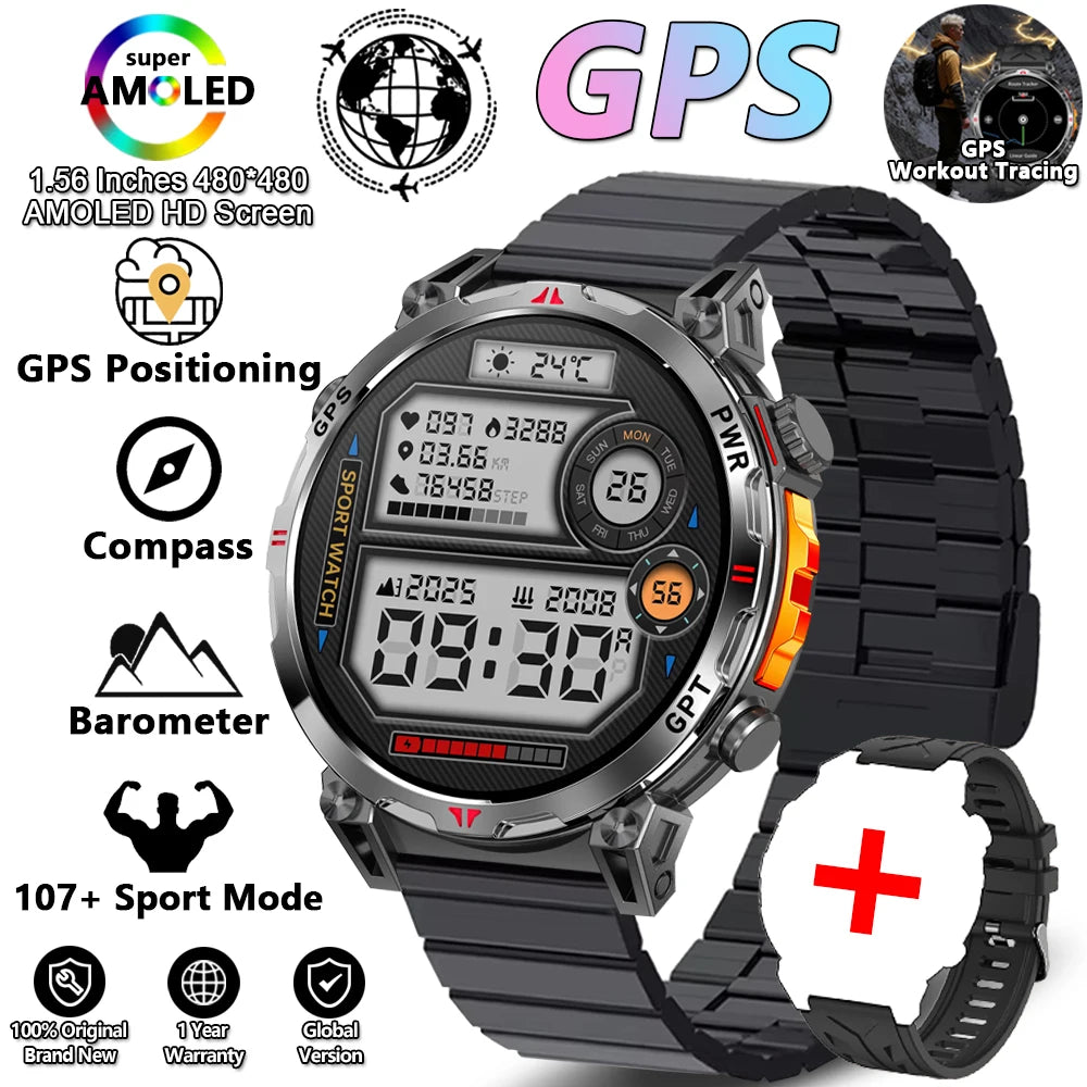 Outdoor Sports Smartwatch for Men – GPS, 1.56-inch AMOLED, 5ATM Waterproof, 650mAh Battery, Compass & HD Call