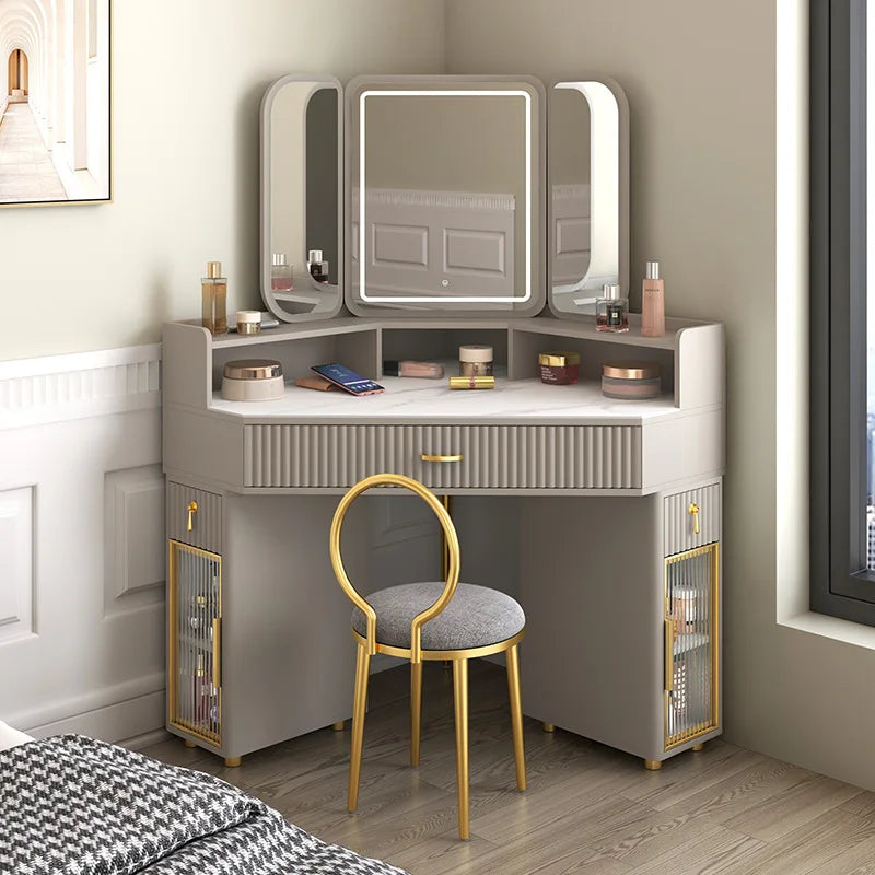Luxury Solid Wood Corner Dressing Table with Mirror and Stool – Modern Minimalist Bedroom Furniture