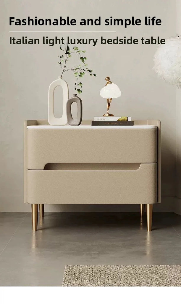 Luxury Modern Nightstand with Drawer, Glossy Marble Top, Gold Metal Legs, Faux Leather Bedside Table